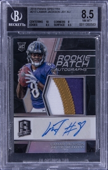 2018 Panini Spectra Jersey Auto #217 Lamar Jackson Signed Jersey Patch Rookie Card (#79/99) - BGS NM-MT+ 8.5/BGS 10